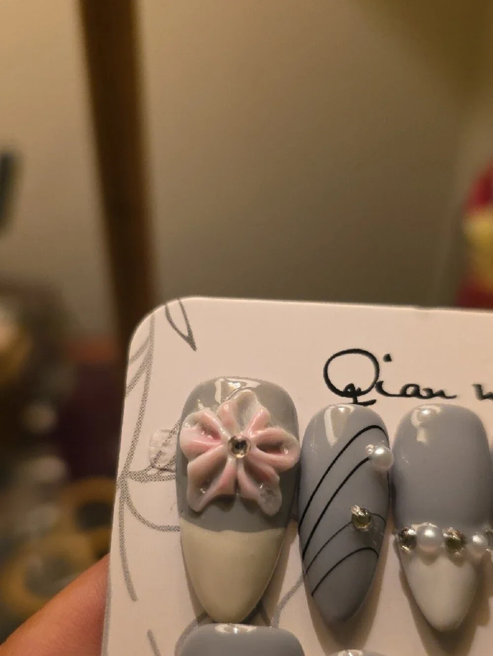 Gray & White Floral Pearl Accent Press-On Nails